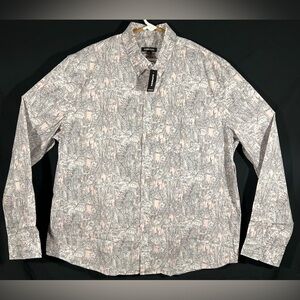 Express Men’s Button Down Shirts Long Sleeve Pink Gray Topicals Leafs AOP XL